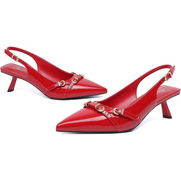 Women's Ruby Pointed Toe Pumps Patent Leather Slingback Heels With Buckle - Picture 6 of 9